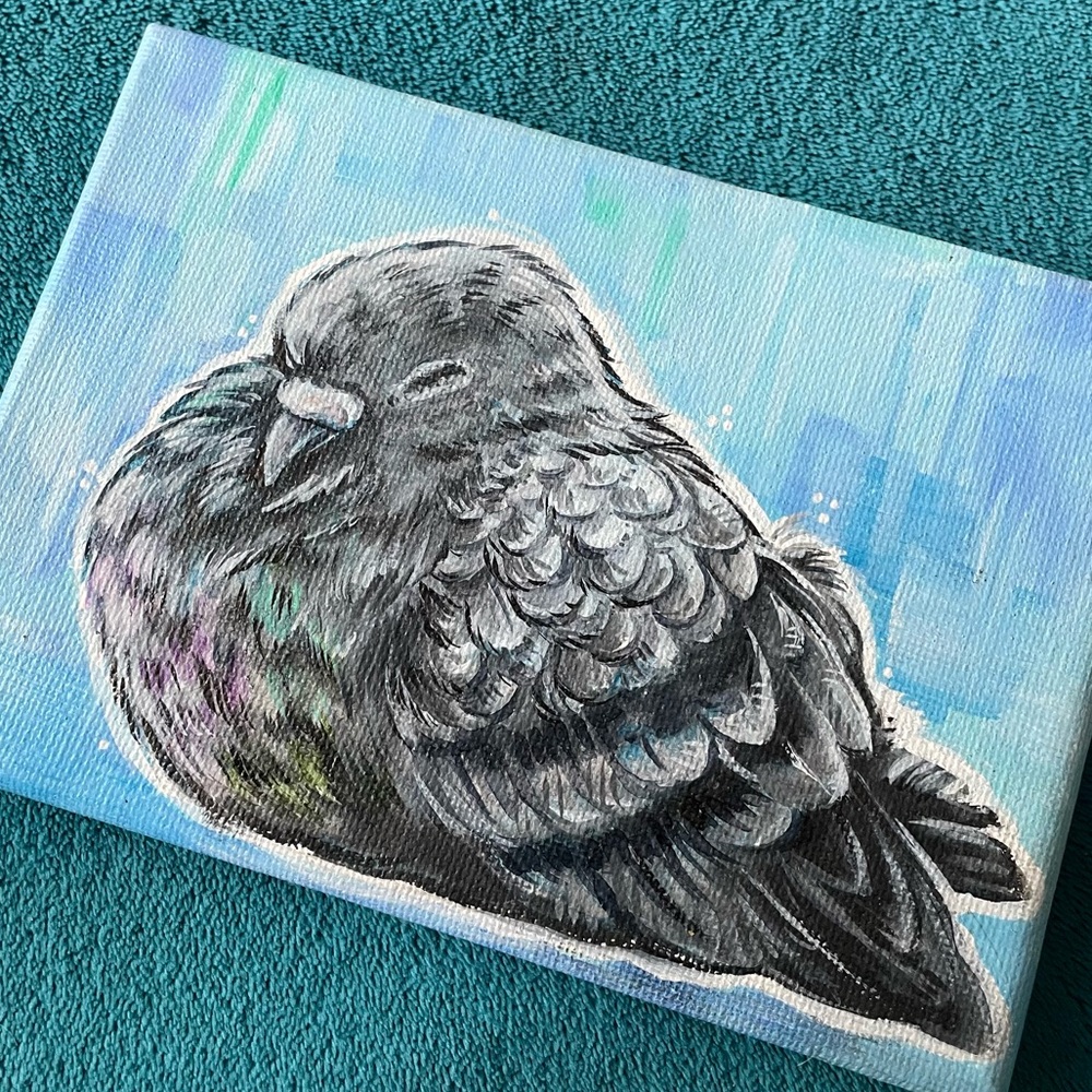 Sleepy Fluffy Pigeon original painting canvas cute animal original artwork art
